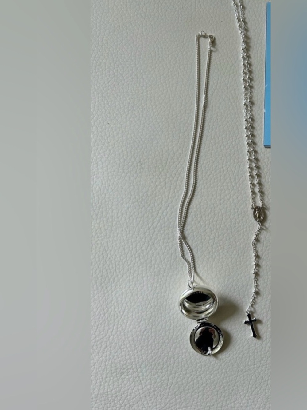 Silver toned Locket Necklace and rosary Cross necklace